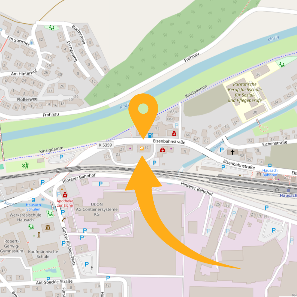 Ausschnitt des Stadtplans von Hausach mit Lage der Gesundheitswelt Kinzigtal