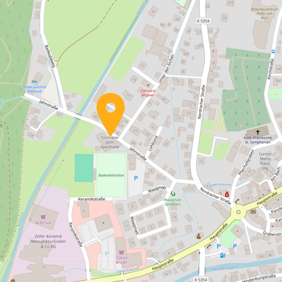 Ausschnitt des Stadtplans von Zell am Harmersbach mit Lage der Turnvater-Jahn-Sporthalle